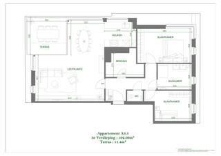 Mooi ruim appartement op de 2de verdieping met een ruime leefruimte met open keuken en aansluitende berging, 2 slaapkamers, badkamer met douche...
