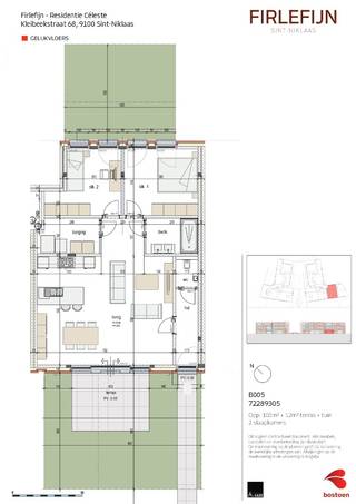 Ontdek deze exclusieve nieuwbouwresidentie Céleste, bestaande uit 14 BEN appartementen met 1, 2 of 3 slaapkamers met elk hun ruim terras. De appartementen zijn voorzien van een moderne afwerking, warmtepomp en ventilatiesysteem D. Met een mooie gemeenschappelijke tuin. 14 ondergrondse staanplaatsen aan 25.000 € excl kosten per staanplaats. 14 ondergrondse kelders aan 5.000 € excl kosten per kelder. <br />Dit gelijkvloers app (ca 100 m²) beschikt over een inkomhal, apart gastentoilet, living met open ingerichte keuken, berging/wasplaats, badkamer met inloopdouche en dubbel lavabomeubel, 2 slaapkamers en een terras (ca 12 m²). <br />Prijs: 339.000 euro excl btw en registratie.<br />Rustig gelegen aan de rand van Sint-Niklaas. Gemakkelijke bereikbaarheid. <br />Meer info via olivier@immo-en-cie.be of 0475/970.780.