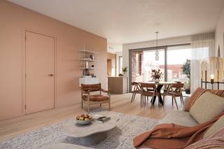 Dit 3-slaapkamerappartement op de tweede verdieping is 114 m² groot en omvat een inkom, toilet, berging, ingerichte badkamer, 3 slaapkamers, open leefruimte met keuken en 2 terrassen. Het wordt verwarmd met vloerverwarming en warmtepomp. Bij elk app. hoort een vaste parkeerplaats en berging in <em><span>de</span></em> ondergrondse parking.<br />Geïnteresseerd? Neem contact op via 03 808 43 94 of info@matexi.be.<br /> 