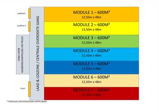 Logistieke modules beschikbaar per 600m². Toegankelijk via 2 laadkaaien en andere toegangspoort. De modules zijn eenvoudig koppelbaar tot een maximum van 5500m². Huurprijs is inclusief gebruik van gemeenschappelijke heftruck &amp; elektriciteitsverbruik. Vlotte toegankelijkheid ten opzichte van de autosnelweg.<br /><br />Voor meer info: J. Clicque 0479/27 71 92