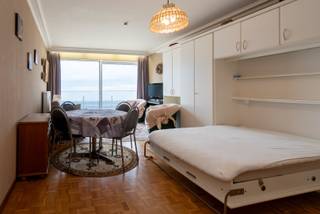 Studio op de zeedijk met panoramisch zeezicht door het grote schuifraam. Ingerichte keuken, leefruimte met kastbed, badkamer.Toplocatie nabij winkels...