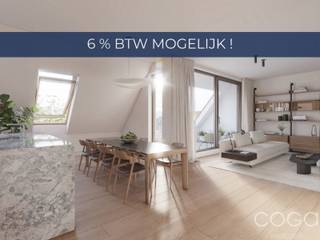 <p><em><strong>Houthof, BRADFORD</strong> - Gemoedsrust in het dorpshart</em></p>
<p>Bradford creëert een rustige en comfortabele woonbeleving <strong>in het hart van het dorp</strong>.<br /><br /><strong>Appartement BR_2.08: knap dakappartement (99,3m²) met deels overdekt dakterras!</strong> Indeling als volgt: ruime inkomhal met gastentoilet en vestiaire-nis, mooie <strong>leefruimte </strong>met open ingerichte keuken (samen ca. <strong>49m²</strong>) en schuifraam naar het terras toe; bergruimte/wasplaats (ca. 5,3m²), <strong>twee slaapkamers </strong>(16,6m² en 8,7m²) en ingerichte badkamer. Deels overdekt zuidoost gericht dakterras (ca. 12m²).<br /><br />Het <u>energiezuinige</u> <u>appartement</u> (<strong>max. E30</strong>) wordt volledig en degelijk afgewerkt; zo is er thermisch onderbroken aluminium buitenschrijnwerk met isolerende beglazing, vloerverwarming in combinatie met een <strong>individuele lucht-water warmtepomp,</strong> balansventilatie en een regenwaterrecuperatie-systeem! Extra aandacht wordt besteed aan akoestische isolatie (ontdubbelde scheidingswanden, akoestische vloerisolatie, …). Grote ondergrondse parkeerkelder (lift tot appartement). Verplichte aankoop van minimum één kelderparking.</p>
<p><em>Houthof, dorpse charme, tijdloze uitstraling</em></p>
<p>Contacteer ons voor meer informatie of een vrijblijvende afspraak: info@coga.be - 03/636.47.47.47.</p>