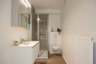 Op het Falconplein, op een zeer centrale ligging tussen het Eilandje en de historische binnenstad, bevindt zich dit appartement op de tweede verdieping van een verzorgd gebouw met lift. De locatie is zonder meer een troef: op wandelafstand van het MAS, de kaaien, het Eilandje met zijn levendige horeca en het stadscentrum.<br /><br />Het gebouw werd in 2017 volledig opnieuw opgebouwd en uitstekend gerenoveerd en heeft een efficiënte en goed bruikbare indeling. De leefruimte sluit mooi aan op de open keuken, die uitgerust is met kwalitatieve toestellen van Bosch en Whirlpool zoals koelkast met vriesvak, vaatwasser, combi-oven, inductiekookplaat en dampkap. Alles is netjes geïntegreerd en afgestemd op dagelijks gebruik.<br /><br />Aan de voorzijde bevindt zich een volwaardige slaapkamer met meer dan voldoende ruimte.<br /><br />De badkamer is verzorgd afgewerkt en voorzien van een lavabomeubel, spiegelkast, hangtoilet en een inloopdouche met thermostatische kraan.<br /><br />Via de leefruimte is er toegang tot het zuidwest-georiënteerde terras van ca. 4 m², een aangename buitenruimte die het appartement extra leefkwaliteit geeft.<br /><br />Verder beschikt het appartement over een private kelderberging en is er een gemeenschappelijke fietsenberging aanwezig in het gebouw. De algemene kosten bedragen circa €150 per maand.<br /><br />Technisch is alles in orde. Het appartement beschikt over een EPC -label B wat wijst op energiezuinig wonen. De elektriciteit is conform, er is geen asbest en er is individuele verwarming via een Vaillant ecoTEC Pro condensatieketel voorzien.<br /><br />Een instapklaar en goed gelegen appartement op een toplocatie tussen het Eilandje en het centrum, ideaal voor wie stads wonen wil combineren met comfort en bereikbaarheid.<br /><br />Wens je meer informatie of een bezichtiging? Mail naar info@wellimmo.net of bel 03 225 00 68.