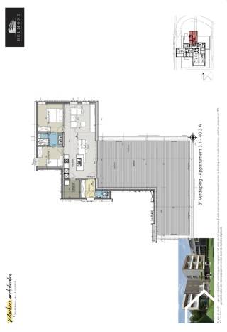 Appartement met 2 slaapkamers met zeer ruim terras (98 m²) gelegen op de derde verdieping: Inkom met gastentoilet en ruimte voor vestiaire...