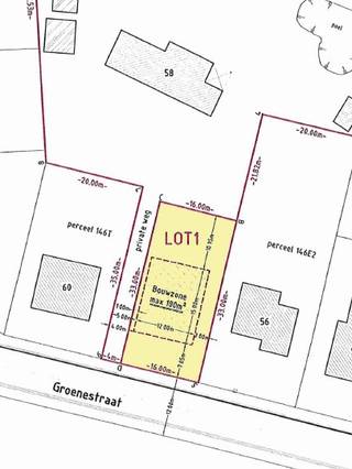Bouwrijp perceel voor een open bebouwing op ca 500m².  Mogelijkheid tot het bouwen van 2 bouwlagen met zadeldak of met plat dak, alsook een bijgebouw.  3D render is louter informatief (geen bouwverplichting).