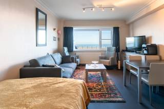 Verzorgde studio met prachtig frontaal zeezicht, gelegen op het gelijkvloers. De lichtrijke leefruimte combineert wonen en slapen en sluit aan op...