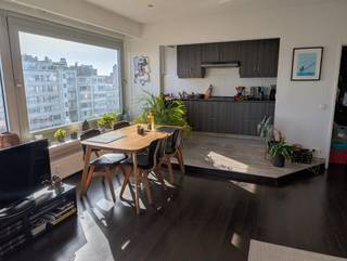 Dit appartement is gelegen op de 8e en hoogste verdieping van de Italiëlei 100. Door de hoge ligging heeft de woonkamer veel lichtinval en een open uitzicht over de Leien in de richting van het Eilandje.<br /><br />De leefruimte vormt één geheel met de open keuken, die functioneel en goed onderhouden is. Er is een ruime slaapkamer aanwezig met ingebouwde kast, aangevuld met een tweede slaapkamer met ingemaakte kast en een klein terras dat uitkijkt op het MAS. De badkamer is praktisch ingericht met ruimte voor een wasmachine en droogkast, het toilet is apart.<br /><br />Dankzij de nieuwe hoogrendement-ramen met dubbel glas en de hoge verdieping zit je hier (verrassend) rustig. Het gebouw beschikt over een conforme lift en een geïsoleerd dak. Met een EPC-label C is er geen renovatieverplichting en er geen grote gemeenschappelijke kosten gepland.<br /><br />Locatie: Zeer centraal gelegen op wandelafstand van de Rooseveltplaats, Ossenmarkt en het Centraal Station, met Velo-stations direct in de buurt. Een strategische basis voor eigen bewoning of investering.<br /><br />Stuur een berichtje voor een bezoek.