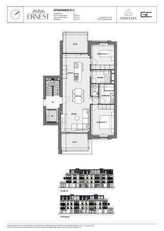 Dit lichtrijke appartement bevindt zich op het eerste verdiep van het moderne nieuwbouwproject Ernest en biedt een bewoonbare oppervlakte van maar liefst 90,94 m².<br /><br />Via de inkomhal heeft u toegang tot een apart toilet, een ruime berging, de badkamer met inloopdouche en dubbele wastafel, en twee slaapkamers.<br />Aansluitend komt u in de open keuken met aangrenzende grote leefruimte die uitkomt op de twee gezellige terrassen, ideaal voor ontspannen momenten of gezellige diners in de buitenlucht.<br /><br />Alle oppervlaktes zijn BVO. EPC en KI zijn nog niet gekend.
