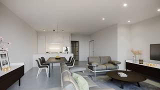 Res. Du Parc.<br />Spacieux appartement avec 2 chambres à coucher dans la nouvelle résidence 'Du Parc', très bien située sur Ijzerpark. <br />Cet appartement comprend un hall d'entrée avec des toilettes séparées. Séjour lumineux avec cuisine ouverte, largeur de façade 5,99m, donnant sur une agréable terrasse au sud-ouest. <br />Un débarras séparé avec machine à laver et sèche-linge. 2 chambres à coucher de taille normale avec salle de bains attenante. Les chambres s'ouvrent sur la terrasse arrière.  Local à vélos et sous-sol, accessible par un ascenseur à vélos.  <br />Ref. P031.12