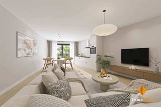 Dit gelijkvloers appartement van 89 m² met twee slaapkamers is voorzien van een overdekt terras van 15 m² en een gezellig tuintje van 56 m²...