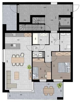 APPARTEMENT 1.3 (Verdieping 1)<br />- Opp. app.: 95 m²<br />- Terras: 17 m²<br /><br />INDELING:<br />Gemeenschappelijk inkomhal met trap en lift.<br />Inkomhal, toilet, ruime woonkamer met open keuken, overdekt terras (17 m²), 2 slaapkamers, badkamer en berging/wasplaats.<br /><br />BIJKOMENDE INFO:<br />- Warmtepomp L/W met vloerverwarming- en koeling.<br />- Performant ventilatiesysteem voor een aangenaam binnenklimaat.<br />- Zonnepanelen.<br />- Lift aanwezig.<br />- Topligging vlakbij het centrum.<br />- Afwerking naar eigen smaak volgens lastenboek.<br />- Bij ieder appartement dient een inpandige parking met kelderberging naar keuze te worden aangekocht. De prijs voor een parking met bijhorende berging bedraagt € 22.000,-.<br />- Dit project komt in aanmerking voor de toepassing van het verlaagde BTW-tarief van 6% voor wie aan de wettelijke voorwaarden voldoet. Ook investeerders kunnen van deze aantrekkelijke maatregel genieten.<br /><br />INFORMEER NAAR DE VERKOOPSBROCHURE OP ONS KANTOOR.