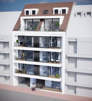 Res. Du Parc.<br />Spacieux appartement avec 2 chambres à coucher dans la nouvelle résidence 'Du Parc', très bien située sur Ijzerpark. <br />Cet appartement comprend un hall d'entrée avec des toilettes séparées. Séjour lumineux avec cuisine ouverte, largeur de façade 5,99m, donnant sur une agréable terrasse au sud-ouest. <br />Un débarras séparé avec machine à laver et sèche-linge. 2 chambres à coucher de taille normale avec salle de bains attenante. Les chambres s'ouvrent sur la terrasse arrière.  Local à vélos et sous-sol, accessible par un ascenseur à vélos.  <br />Ref. P031.12