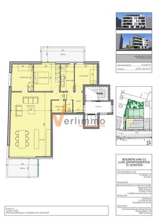 <p><span>Nieuwbouw 3-slaapkamer (1STE VERDIEPING) appartement in Schoten , Curielaan 14<br />UNIT 6</span></p><p><span>In het centrum van Schoten komt dit gloednieuwe 3-slaapkamer appartement met zonnige terrassen. Je woont energiezuinig (BEN-ambitie), met standaard vloerverwarming, zonnepanelen en voorbereiding voor laadpalen in de parkeergarage.</span></p><p><span>Indeling<br />Inkom , leefruimte met open keuken en grote raampartij naar het terras vooraan, 3 slaapkamers, terras achteraan, badkamer , apart toilet , berging.</span></p><p><span>Pluspunten</span></p><ul><li><span>Nieuwbouw: </span></li><li><span>terras (zonnige oriëntatie)</span></li><li><span>Comfort: vloerverwarming (standaard), moderne ventilatie, mooie afwerkingsbudgetten (onze standaard = luxe)</span></li><li><span>Duurzaam: BEN-ambitie, zonnepanelen, lage verbruikskosten</span></li><li><span>Praktisch: ondergrondse autostaanplaats mogelijk bij aan te kopen (+laadpaal )  en privé kelderberging verplicht</span></li><li><span>Fietsvoorzieningen: stalling boven- én ondergronds</span></li><li><span>Ligging: rustig en toch centraal , winkels, horeca en openbaar vervoer op wandelafstand</span></li></ul><p><span>Interesse?<br />Vraag plannen, lastenboek en prijslijst op. We maken graag snel een afspraak.</span></p><p><span>* prijzen excl. BTW</span></p><p><span> </span></p><p><span> </span></p><p><span> </span></p>