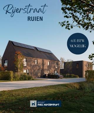 In het landelijke Ruien, op een steenworp van het prachtige Kluisbergen, komt binnenkort een kleinschalig nieuwbouwproject tot leven in de rustige Rijerstraat.<br />Deze verkaveling omvat 15 moderne nieuwbouwwoningen met een uitzonderlijk grote tuin – perfect voor wie houdt van ruimte, natuur en privacy.<br />De combinatie van hedendaagse architectuur en de groene, rustige ligging maakt dit project ideaal voor gezinnen of koppels die op zoek zijn naar modern comfort in een natuurlijke omgeving.<br /><br />Deze lichtrijke en comfortabele woningen combineren ruimte en gezelligheid. De open keuken vloeit naadloos over in de leefruimte en creëert een uitnodigende sfeer.<br />Boven zijn er drie volwaardige slaapkamers en een badkamer met bad én douche. Sommige woningen bieden bovendien een ruime zolder – ideaal als extra slaapkamer, hobby- of opbergruimte.<br />Elke woning beschikt over een private garage en extra parkeergelegenheid in de buurt.<br />De grote, zonnige tuin is een echte troef: een groene oase waar je tot rust komt en kinderen veilig kunnen spelen.<br />Deze nieuwbouwwoningen bieden hedendaags wooncomfort in een rustige, landelijke omgeving nabij Kluisbergen – waar natuur en modern wonen perfect samengaan.<br /><br />Prijzen all-in 393.816,77* | LOT 8<br />Prijzen excl. kosten 363.000 euro | LOT 8<br /><br />*Mogelijk verlaagd BTW-tarief van 6% op de constructie, enkel indien de koper voldoet aan de wettelijke voorwaarden.<br /><br />* Prijs all-in: grond | woning | oprit |garage | aansluitingen | architect | notariskosten | btw | registratierechten | zonnepanelen | warmtepomp | ...