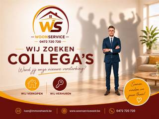 Gedreven vastgoedtalent gezocht (met BIV-nummer)Bij WOONSERVICE zijn we op zoek naar een gedreven kracht om het kantoor en het klantenbestand verder uit te bouwen.Jouw takenpakket:•Je focust je op de inkoop en verkoop van residentieel vastgoed in een vooraf overeengekomen gebied.•Je bent hoofdzakelijk op baan voor het uitvoeren van bezoeken en inkoopgesprekken binnen uw eigen vastgoedportefeuille.•Je doet actief aan prospectie om je portefeuille zorgvuldig en met oog voor kwaliteit uit te bouwen.•Je neemt initiatief in de verdere uitwerking en succesvolle afhandeling van elk verkoopdossier.•We hechten ontzettend veel belang aan een goede klantenrelatie. Vanzelfsprekend houd je je klanten daarom regelmatig op de hoogte van de voortgang van je dossiers.Profiel:•Je beschikt over een BIV-nummer en werkt volledig op zelfstandige basis.•Je bent commercieel, sociaal, ambitieus en haalt energie uit onderhandelen.•Je beschikt over een groot doorzettingsvermogen en bent optimistisch ingesteld.•Je bent woonachtig in de regio en bent in het bezit van een rijbewijs B.Wat je van ons krijgt:•Een boeiende en aantrekkelijk job met heel wat uitdagingen.•Een aantrekkelijke verloning op basis van commissie.•De volledige vrijheid om je agenda en werk zelf in te plannen. (Dit kan zowel voltijds als in bijberoep)Interesse:Stuur je motivatiebrief, CV en foto naar ivan@woonservicewest.be!!! WIJ GARANDEREN VOLLEDIGE DISCRETIE – OOK ALS WE NA GESPREK GEEN SAMENWERKING BEKOMEN !!!