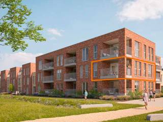 Dit 2-slaapkamerappartement op de eerste verdieping is 103 m² groot en omvat een inkom, toilet, berging, ingerichte badkamer, 2 slaapkamers, open leefruimte met keuken en 2 terrassen. Het wordt verwarmd met vloerverwarming en warmtepomp. Bij elk app. hoort een vaste parkeerplaats en berging in <em><span>de</span></em> ondergrondse parking.<br />Geïnteresseerd? Neem contact op via 03 808 43 94 of info@matexi.be.<br /> 