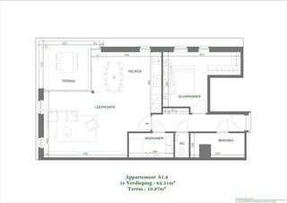 Mooi ruim appartement op de 1ste verdieping met een ruime leefruimte met open keuken en aansluitende berging, 1 slaapkamer, badkamer met douche...