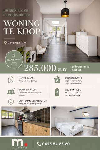 Instapklare en energiezuinige woning te koop! Kom op afspraak via het nummer 0495 54 85 60.<br /><br />Op zoek naar een instapklare woning, dan ben je bij deze gerenoveerde woning aan het juiste adres!<br />Voorbije jaren werd de woning grondig gerenoveerd:<br />- Nieuwe ramen + vliegenraam + rolluiken (vooraan elektrisch)<br />- Nieuwe voordeur en binnendeuren<br />- Vernieuwde sanitaire voorzieningen <br />- Elektriciteit conform<br />- Traprenovatie met verlichting via sensor<br />- Overal nieuwe vloer (tegels, parket (PVC), laminaat)<br />- Zonnig terras met cederhoud omheind en nieuwe XL tegel<br />- Grote keuken met Smeg fornuis, vaatwas en afgewerkt met Marokkaanse tegeltjes<br />- Heel ruime leefruimte en zithoek<br />- Eerste verdiep gestripte en vernieuwde badkamer met douche en bad, achterliggen een slaapkamer of een multifunctionele ruimte. Het dak van de badkamer werd vernieuwd en voorzien van veluxen<br />- Verder bevinden zich op verdiep 1+ nog twee slaapkamers.<br />- Het tweede verdiep is voorzien van een master slaapkamer met ingemaakte kasten<br />- 10 zonnepanelen met een thuisbatterij<br />- Geriefelijke kelder<br />+ nog veel meer te ontdekken, een bezoek waard!