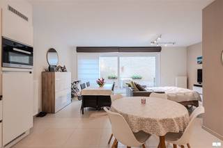 Elegant 1 slaapkamer appartement in recent gebouw.# Indeling en RuimteHet appartement beschikt over een geïntegreerde woonkamer met slaapgedeelte, waarbij de ruimte optimaal is benut. De open indeling zorgt voor een licht en uitnodigend interieur. De voorkamer biedt voldoende ruimte voor zowel zithoek als slaaparea, perfect voor wie efficiënt willen wonen zonder concessies te doen aan comfort.# KeukenDe moderne, volledig ingerichte woonkeuken is voorzien van kwalitatieve apparatuur waaronder een inbouwoven en magnetron. Het compacte formaat is praktisch vormgegeven met voldoende bergruimte. De keuken beschikt over een werkblad met spoelbak en is afgewerkt met neutrale tegels voor eenvoudig onderhoud.# BadkamerDe eigentijdse badkamer is voorzien van een douchecabine met glazen wanden, een houten wastafel met spiegel en moderne sanitair. Dit zorgvuldig ontworpen ruimte combineert functionaliteit met stijl.# Terras en BuitenruimteEen absolute highlight is het ruime privéterras met houten dekking. Dit buitenruimte biedt de perfecte plek om van frisse lucht te genieten en voorziet in die gewenste outdoor-living ervaring.# Afwerking en DetailsHet appartement is afgewerkt met lichte neutrale kleuren en hoogwaardige materialen. Plinten, LED-verlichting en moderne voorzieningen dragen bij aan het gerenoveerde karakter. De ruimtes beschikken over voldoende natuurlicht door doordachte raamplaatsing.Als extra troef is het mogelijk om voor een meerprijs van 45.000 euro een staanplaats te kopen in het gebouw.