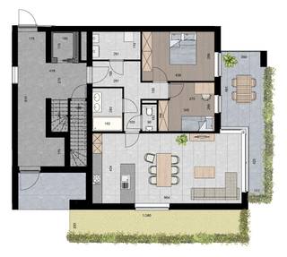 APPARTEMENT 0.3 (Gelijkvloers)- Opp. app.: 96 m²- Terras 18 m²- Tuin: 24 m²INDELING:Gemeenschappelijke trappenhal met lift en trap.Inkomhal, toilet,...