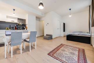 ETTERBEEK, vlakbij het Jubelpark, mooie studio van ± 45 m² bestaande uit een inkomhal, woonkamer met ingerichte open keuken en slaaphoek, doucheruimte, toilet, terras van ± 10 m² en tuin van ± 21 m². Kelder nr. 40. Overdekte parkeerplaats voor motorfiets „M4“ (+ 12.500 €) VERPLICHT. Dubbele beglazing, dubbele ventilatie, thermostaat, gepantserde deur. Kosten: ± 140 €/maand (beheerder, gemeenschappelijke kosten, verzekering). EPB: C. Momenteel verhuurd voor 954 €/maand – Huurcontract van 9 jaar vanaf 1/03/2024 – Mogelijkheid om het huurcontract te beëindigen, zodat de studio per 1 maart 2027 vrij is. Afmetingen ter indicatie