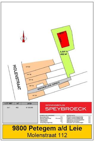 TE KOOP in PETEGEM a/d LEIE Molenstraat 112<br /><br />Mooi gelegen stuk bouwgrond voor het bouwen van een open bebouwing.<br /><br />Opp lot 1: +/-  482 m²    Prijs Grond :  € 130.000<br /><br />FORMULE WATER- EN WINDDICHT:<br />- Ruwbouwwerken<br />- Timmerwerken<br />- PVC ramen met beglazing kw 1.0<br />- Dak- &amp; zinkwerken<br />_________________<br />= €  303.296 excl. btw<br /><br />OPTIE AFWERKING:<br />- Elektriciteit en ventilatie<br />- Chape -en vloerisolatie<br />- Pleisterwerken<br />- Sanitaire werken ( HW toestellen = € 4.000 excl. btw )<br />- Warmtepomp lucht/water ( Viessmann )<br />- Bevloering  ( HW vloer : 35€/m² HW plinten : 12.50€/lm HW wandtegels : 25€/m² )<br />- Keukeninstallatie ( HW = € 8.000 excl. btw)<br />- Binnen schrijnwerk<br />- Voegwerken<br />- Blowerdoortest<br />- Zonnepanelen 8st. ( 435 Wp )<br />_________________<br />= €  112.747   excl.btw<br /><br />WIJ BOUWEN OOK A LA CARTE<br />Opties zijn mogelijk tot net voor " Normale Bewoonbaarheid" (volgens aannemingsovereenkomst)<br />Informeer naar onze interessante HUISRUIL-FORMULE<br /><br />zie ook : WWW.SPEYBROECK.BE<br />Bel 0473 300 700 of GRATIS 0800 15 700<br /><br /><br />