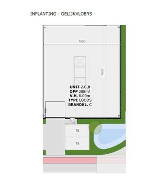 <strong>UNIT 2.C.4 - 288 m²</strong><br /><br />- Parkeerplaatsen 2 + voorziening voor laadpalen (wachtbuis)<br />- Brandklasse Klasse C<br />- EPB K-peil 40<br />- Constructie<br />- Staalconstructie loodsen <br />- Vrije hoogte 6m<br />- Lichtstraten<br />- Lichtgebogen lichtstraten in meerwandig polycarbonaat met geïntegreerde rook- en warmteafvoer<br />- Poort<br />- Elektrische geïsoleerde sectionaalpoort<br />- Vloer<br />- Gepolierde betonvloer met vloerbelasting van 1 ton/m2 in de loodsen<br />- Riolering : afvoer voor aansluiting van fecaal en huishoudelijk water – gemeenschappelijke regenwaterput voorzien<br />- Alle nutsleidingen zijn voorzien tot in de unit (met uitzondering van gas)