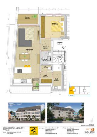 <strong>**OPENDEURDAG op woensdag 8 april 2026 van 15h - 17h!!**</strong><br /> <br />Dit energiezuinige, moderne nieuwbouwproject omvat 14 lichtrijke &amp; ruime doorloopappartementen met elk een eigen zonneterras/tuin en 1, 2 of 3 slaapkamers.<br />De oppervlaktes v/d appartementen variëren tussen 70m² en 97m².<br />Op het gelijkvloers bevindt zich ook een handelsruimte met maximale visibiliteit (= grote etalage).<br />Achterliggend bevinden zich 20 parkeerplaatsen.<br />Dit woonproject bevindt zich op een <strong>TOPLOCATIE te St-Andries</strong>, nl. op wandelafstand van alle faciliteiten (o.a. winkels, openbaar vervoer, invalswegen, scholen, Brugge centrum, Tilleghem bos, Koude Keuken...).<br /><br /><strong>*Appartement 2.01*</strong> is een lichtovergoten appartement (2°V) met 1 slaapkamer en tof terras achteraan.<br />Oppervlakte: 70m<sup>2</sup>.<br />Comfortabele indeling: inkomhal, open keuken, ruime leefruimte met groot schuifraam naar het zonneterras, slaapkamer, badkamer, afz. toilet en berging/wasplaats.<br />Het appartement kan afgewerkt worden naar uw smaak! Badkamer, keuken, vloeren... kunnen door de klant gekozen worden.<br /><br />Aan de achterzijde van het gebouw bevinden zich 20 staanplaatsen.<br />Elk appartement dient een staanplaats aan te kopen.<br />Tevens is er ook een fietsenstalling achteraan het gebouw.<br />Daarnaast kan er ook een kelderberging aangekocht worden.<br /><br />De appartementen worden uiterst energiezuinig gebouwd (E-peil 30) en voorzien van o.a.: superisolerend dubbel glas, zonnepanelen, warmtepomp, vloerverwarming, ventilatiesysteem,...<br />Er zijn ook 2 liften voorzien in het gebouw.<br /> <br />Kortom: trendy en kwalitatieve appartementen, afgewerkt op uw maat, waar u zorgeloos kan genieten! <br /><br />Prijs appartement 2.01: 315.000 EUR (excl. kosten).<br />Prijs staanplaats: 20.000 EUR (excl. kosten)<br />Prijs kelderberging: 5.000 EUR (excl. kosten)<br />Verkoop onder BTW-stelsel.<br />! Mogelijkheid tot 6% btw indien voldaan wordt aan de voorwaarden !