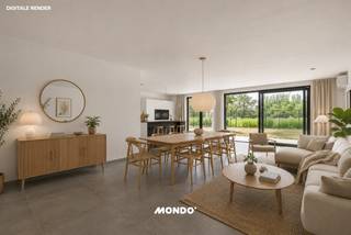 Ontdek deze rustig gelegen BEN-nieuwbouwwoning waar ruimte, comfort en energiezuinig wonen naadloos samenkomen. Met een bewoonbare oppervlakte van maar liefst 242 m² biedt deze stijlvolle woning alle hedendaagse wooncomfort op een uitstekende locatie, in de onmiddellijke nabijheid van winkels, scholen, openbaar vervoer en de belangrijkste verbindingswegen (A12, N16 en E19).<br /><br />Via de ruime inkomhal betreedt u de woning, waar u meteen wordt verwelkomd door een aangename lichtinval en een doordachte indeling. Op het gelijkvloers bevinden zich een gastentoilet en een bijzonder lichtrijke leefruimte met een volledig uitgeruste open keuken. Deze moderne keuken is afgewerkt met kwalitatieve toestellen, waaronder een inductiekookplaat met geïntegreerde dampkap, vaatwasser, oven, combi-microgolfoven, bordenverwarmer, koelkast met diepvriesvak en een dubbele spoelbak. Dankzij de grote raampartijen geniet u vanuit de leefruimte van een mooi zicht op de tuin en heeft u rechtstreeks toegang tot het aangelegde terras en de zuidwestelijk georiënteerde tuin, waar u de hele namiddag en avond in alle rust van de zon kunt genieten.<br /><br />Verder beschikt het gelijkvloers over een praktische berging met wasplaats, voorzien van een spoelbak en aansluitingen voor een wasmachine en droogkast. Daarnaast is er een extra polyvalente ruimte die volledig naar wens kan worden ingericht als bureau, fitnessruimte, hobbykamer of praktijkruimte voor de uitoefening van een vrij beroep.<br /><br />Op de eerste verdieping bevinden zich vier volwaardige slaapkamers, een nachthal, een afzonderlijk toilet en een technische berging. De ruime master bedroom beschikt over een eigen dressing en een ensuite badkamer met inloopdouche en wastafel. De tweede badkamer is uitgerust met een ligbad, een ruime inloopdouche en een dubbele wastafel, waardoor ook grotere gezinnen alle comfort genieten.<br /><br />Ook op technisch vlak voldoet deze woning aan de hoogste normen. Zo is de volledige woning voorzien van vloerverwarming en airconditioning in zowel de leefruimte als alle slaapkamers. Dankzij de zonnepanelen en de BEN-norm geniet u bovendien van een bijzonder energiezuinige woning met een laag energieverbruik en een optimaal wooncomfort.<br /><br />Ook buiten werd aan alles gedacht. De tuin is volledig aangelegd en omheind, het terras en de oprit zijn reeds afgewerkt. De volledige woning is afgewerkt met duurzame en kwalitatieve materialen, waardoor u zorgeloos kunt genieten van een instapklare nieuwbouwwoning.
