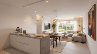 In het stijlvolle nieuwbouwproject Residentie Albert & Jerome – ontwikkeld door Kub en ontworpen door wielfaertarchitecten – ontdek je dit energiezuinige gelijkvloers appartement van 109 m² met 2 slaapkamers en een royale buitenruimte van 83 m² (terras + tuintje).<br /><br />De grote raampartijen zorgen voor een overvloed aan daglicht in de leefruimte, die vlot aansluit op de open keuken. Via het schuifraam bereik je het zuidwestgerichte terras en de privatieve tuin – een echte meerwaarde voor wie houdt van buitenleven. Verwarming én koeling via geothermie garanderen een comfortabel binnenklimaat in elk seizoen, met een minimaal energieverbruik.<br /><br />Indeling: Inkomhal met vestiaire, lichtrijke leefruimte met open keuken, praktische berging/wasplaats, gastentoilet, 2 volwaardige slaapkamers, badkamer met inloopdouche en dubbele wastafel en een zuidwestgericht terras en tuin (83 m²)<br /><br />Troeven:<br />*Geothermische verwarming én koeling – energiezuinig en fluisterstil<br />*Hoogwaardige afwerking naar keuze<br />*Laatste garage beschikbaar of keuze uit verschillende autostaanplaatsen<br />*Fietsplaatsen inbegrepen in de aankoop<br />*Mogelijkheid tot aankoop van een extra (privatieve) berging<br /><br />Rustige, doch centrale ligging nabij winkels, scholen en openbaar vervoer<br /><br />Een unieke combinatie van duurzaam wonen, hedendaagse architectuur en maximaal comfort.<br /><br />📩 Vraag uw bezoek aan via tom@immoroba.be of telefonisch via 0497/85.80.52.