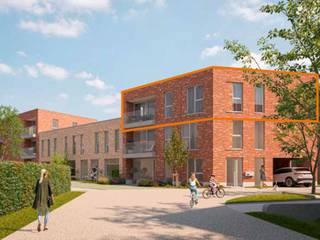 Dit 3-slaapkamerappartement op de tweede verdieping is 116 m² groot en omvat een inkom, toilet, berging, ingerichte badkamer, 3 slaapkamers, open leefruimte met keuken en terras. Het wordt verwarmd met vloerverwarming en warmtepomp. Bij elk app. hoort een vaste parkeerplaats en berging in <em><span>de</span></em> ondergrondse parking.<br />Geïnteresseerd? Neem contact op via 03 808 43 94 of info@matexi.be.<br /> 