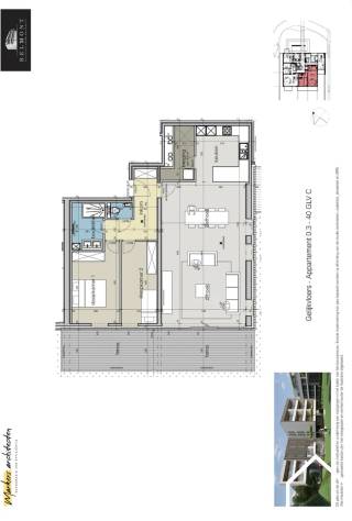 Het appartement is gelegen op gelijkvloers en werd op plan ingedeeld als volgt: Open ingerichte keuken met aanpalende berging, leefruimte...