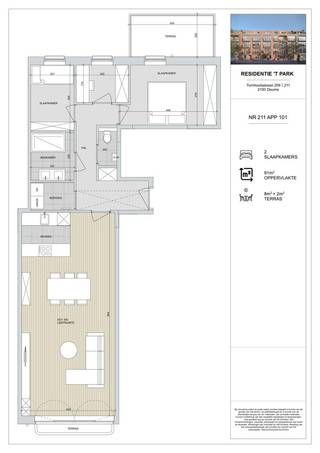 Benieuwd hoe wonen in Residentie ’t Park er in werkelijkheid uitziet?<br /><br />Vanaf <strong>begin oktober 2026</strong> kan je het volledig afgewerkte modelappartement bezoeken en zelf de ruimte, lichtinval en afwerkingskwaliteit van het project ervaren.<br /><br />Het modelappartement bevindt zich op de eerste verdieping en biedt 91 m² woonoppervlakte, twee slaapkamers en een terras van 10 m².<br />De ruime leefruimte sluit mooi aan op het terras en vormt samen met de open keuken het hart van het appartement.<br /><br />Voor het modelappartement werd gekozen voor een stijlvolle, eigentijdse afwerking. Grote keramische tegels van 90 x 90 cm geven de leefruimtes een ruimtelijke uitstraling. Een stalen binnendeur tussen de inkomhal en de leefruimte zorgt voor een karaktervol accent, terwijl de royale keuken met keramisch werkblad volledig wordt uitgewerkt als blikvanger van het appartement.<br />Ook de badkamer wordt volledig ingericht en afgewerkt met een sierradiator. Verlichtingsarmaturen worden doorheen het volledige appartement voorzien en alle ruimtes worden volledig geschilderd. Zo krijg je tijdens je bezoek een compleet beeld van hoe een afgewerkt appartement in Residentie ’t Park kan aanvoelen.<br /><br /><strong>LIEVER JE AFWERKING ZELF APPARTEMENT KIEZEN?</strong><br />Naast het modelappartement zijn er in Residentie ’t Park nog andere tweeslaapkamerappartementen beschikbaar.<br />Hier krijg je de mogelijkheid om de afwerking nog naar eigen smaak te kiezen en van je nieuwe appartement echt jouw thuis te maken.<br /><br /><strong>Aankoop mogelijk aan 6% btw</strong><br />Residentie ’t Park komt in aanmerking voor het verlaagde btw-tarief van 6% voor sloop en heropbouw, onder de wettelijke voorwaarden.<br />Dit is mogelijk voor zowel eigen bewoning als voor investeerders die aan de geldende voorwaarden voldoen.<br />Ontdek het zelf vanaf begin oktober 2026.<br /><br />Maak een afspraak en ervaar ter plaatse de ruimte, afwerking en woonkwaliteit van Residentie ’t Park.<br />03 337 50 70 - www.vbpartners.be/nieuwbouw
