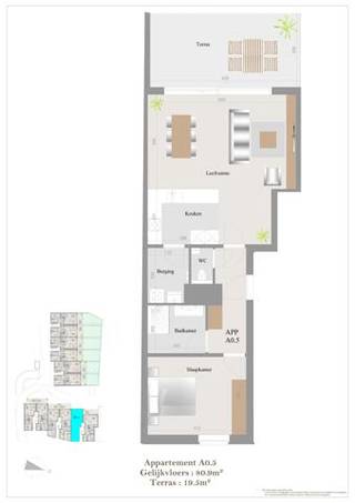 Mooi gelijkvloers appartement met een ruime leefruimte met open keuken en aansluitende berging, 1slaapkamers aan de voorzijde, badkamer met douche...