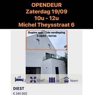 VOLLEDIG GERENOVEERD DUPLEX APPARTEMENT met 2 slaapkamers en terras te koop te Diest, Michel Theysstraat 6 A2.<br /><br />Het appartement is gelegen op de tweede verdieping in een statig gebouw bestaande uit drie wooneenheden. Het appartement heeft een bewoonbare oppervlakte van 93m² en beschikt over een terras en een gemeenschappelijke tuin.<br /><br />Het appartement is centraal gelegen in het centrum van Diest op 1 minuut van de Grote Markt met zicht op het Park Cerckel.<br /><br />Indeling van het appartement :<br />- inkom <br />- toilet<br />- berging<br />- woonkamer met open keuken en toegang tot het terras<br />- mezzanine met slaapkamer<br />- slaapkamer<br />- badkamer<br /><br />Voorzieningen :<br />- Condenserende ketel<br />- epc : B label<br /><br />Troeven :<br />- ligging het centrum van Diest<br />- fietsenberging<br />- terras en gemeenschappelijke tuin<br />- statig gebouw<br />- mogelijkheid tot aankoop casco plus of afgewerkt<br /><br />Verkoopprijs :<br />Casco plus : 340.000 € + registratie + kosten<br />Afgewerkt : 365.853 € + registratie + kosten<br /><br />Graag maken wij een afspraak met u voor een vrijblijvende bezichtiging van dit nieuwbouw appartement : 0476/952.716 of dimitri@alvast.be<br /><br /><br />Alle gegevens zijn louter informatief, onder elk voorbehoud, en voor zover het pand intussen niet verhuurd of verkocht is.<br />Dit pand wordt door ons geplaatst op volgende websites :<br />-www.alvast.be<br />-www.immoscoop.be<br />-www.zimmo.be<br />-www.spotto.be<br />Indien U het pand op andere websites zou aantreffen is dit niet door ons geplaatst en is de info mogelijk niet up-to-date.