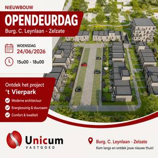 Bezoekdag woensdag 24 juni 2026 - tussen 15u en 18u. Kom langs en ontdek het nieuwbouwproject ‘t Vierpark
Een uniek project in een rustige en groene omgeving met een superieure afwerking.
‘t Vierpark, een nieuw woonproject dat een rustige én groene woonomgeving combineert met een ligging vlakbij het centrum van Zelzate. De naam “’t Vierpark” verwijst naar de in totaal vier woonzones en een centraal landschapspark.
Unieke locatie, véél groen
De groene omgeving van ‘t Vierpark is een oase van rust, midden in het centrum van de gemeente Zelzate, waar het heerlijk wonen is en ieder woning uitkijkt op groen. Véél groen, want heel de site wordt verdeeld door de vier armen van het centraal landschapspark. Ideaal om tot rust te komen na een drukke werkdag of gewoon te genieten van de natuur.
Op deze strategische locatie vlakbij centrum Zelzate halen bewoners niet alleen zuurstof uit het park dat als een groene long door het projectgebied slingert, ze zijn ook omgeven door allerlei gemeenschapsvoorzieningen zoals de openbare bibliotheek, een kinderdagverblijf en scholen. Het centrum van Zelzate, handig voor wie snel nog even om boodschappen moet of beter nog, met vrienden ’s avonds wil genieten van een zomers terrasje!
Dubbel interessant om te investeren
‘t Vierpark ligt op een groene toplocatie op een boogscheut van het centrum van Zelzate die voor interessante huurgelden zorgt. Deze hogere huurinkomsten in combinatie met de kwaliteitsvolle, energiezuinige woningen en een mooi meerwaarderendement, zijn uw garantie op een mooie vastgoedbelegging!
Zelzate, een Oost-Vlaamse verborgen parel die steeds meer ontdekt wordt door wie op zoek is naar een rustige en groene omgeving, zonder in te boeten op stedelijke voorzieningen. In Zelzate vind je sport, spel en cultuur. Vlakbij Zeeland en met grootstad Gent binnen handbereik. Ontdek de romantiek van het Meetjesland of verken leuke plekjes bij de Noorderburen. Die instroom zal zich vertalen in een verdere stijging van de vastgoedprijzen. Grijp dus deze unieke investeringskans!
De troeven:
• omgeven door een gevarieerd landschapspark
• transparante zichten van binnen naar buiten
• ruime zonnige terrassen
• energiezuinige voorzieningen zoals vloerverwarming en warmtepomp
• in centrum Zelzate, nabij scholen, winkels en sportvoorzieningen
• autoluw dankzij parkeerhavens en aangelegde wandel- en fietspaden
• elke woning heeft 4 fietsstelplaatsen: een fietsrek in de voortuin en een gesloten fietsenberging in de achtertuin.
• openbare parkeerplaatsen voorzien voor bezoekers
94 BEN-woning en 72 BEN-appartementen, waarvan 18 woningen en 18 appartementen (residentie Este) uit zone A in eerste fase naar verkoop komen.
Meer informatie? Bel 09 336 16 15 of mail info@vastgoedunicum.be
Vind meer info via www.vastgoedunicum.be
VRAAG DE BROCHURE AAN via info@vastgoedunicum.be