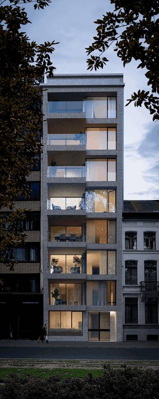 <p>De toekomstige nieuwbouwrealisatie "Blankers 175" is gelegen aan het breedste en meest prestigieuze deel van de Mechelsesteenweg en op wandelafstand van het Harmonie- en Koning Albertpark.</p>
<p>Deze kleinschalige nieuwbouwrealisatie omvat slechts 8 appartementen en is een ontwerp van de hand van M2 Architecten (Antwerpen).</p>
<p>Exclusief, verfijnd en met oog voor detail.</p>
<p>Deze realisatie onderscheidt zich door een eenvoudige maar geraffineerde architectuur gekenmerkt door de kamerhoge raampartijen die voor optimaal licht en zicht zorgen in deze doorzonappartementen.</p>
<p>Telkens één appartement per verdieping voor optimale privacy.</p>
<p>Grijs gevoegd metselwerk, architectonisch beton, natuursteen en strak schrijnwerk zorgen voor een tijdloos design dat naadloos aansluit bij de historische charme van deze omgeving.</p>
<p>De dynamische indeling van de units zorgt ervoor dat u als toekomstige bewoner de configuratie van uw appartement kan aanpassen naar eigen wens.</p>
<p>Ook bent u vrij in de keuze van de afwerking volgens het verkooplastenboek.</p>
<p>Alle appartementen krijgen een ruim, goed georiënteerd terras aan de voor- en achterzijde. Er werd bovendien gedacht aan vloerverwarming met individuele warmtepompen en zonnepanelen zodat 'Blankers 175' zorg draagt voor de toekomst.</p>
<p>Het gelijkvloers appartement is voorzien van een riante, privatieve tuin met mogelijkheid om hier een polyvalent luxe tuinhuis met nutsvoorzieningen te voorzien.<br /><br />De appartementen op de eerste t.e.m. de zesde verdieping zijn royaal ingedeeld met 2 à 3 slaapkamers.<br /><br />De penthouse is uitgewerkt als een 'villa in the sky' op de volledige zevende en achtste verdieping met maar liefst 4 zonneterrassen.</p>
<p>Voor extra comfort uitgerust met twee liften: een personenlift die rechtstreeks uitgeeft in de appartementen en een aparte, ruime fietsenlift, die toegang geeft tot de privatieve kelderbergingen en de ruime fietsenstalling in de kelderverdieping.<br /><br />Mogelijkheid tot aankoop van autostaanplaatsen op slechts 35 meter wandelafstand.<br /><br />Verkoopprijzen excl. registratiebelasting en btw.</p>