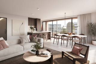 Dit tweeslaapkamer appartement van 110m² bevindt zich op de 1ste verdieping en beschikt over inkomhal met vestiaire, een gastentoilet, een leefruimte met open keuken, een praktische bergruimte en een badkamer uitgerust met een dubbele lavabo en een douche. Bovendien is er een terras van 14m². Het appartement geniet dankzij grote raampartijen en een optimale zuidwestelijke oriëntatie van een aangename namiddag- en avondzon. <br /><br />Park Léon is een nieuwbouwproject vrij van fossiele brandstoffen, gelegen langs de Korte Massemsesteenweg te Wetteren. Het gaat om 2 kleinschalige gebouwen waarvan één langs de straatzijde en één te midden het park. Dit nieuwbouwproject biedt 25 comfortabel ingedeelde appartementen in een hedendaagse stedelijke architectuur van de hand van Bontinck Architecten. Allen beschikken ze over een ruim terras met zicht op het aangelegde, volledig privatieve park. Bovendien is er voor ieder appartement een parkeerplaats én kelderberging voorzien, vlot bereikbaar via de lift.<br /><br />De constructie van het gebouw voldoet aan de EPB-norm inzake energieprestatie. Het opgelegde E-peil van het gebouw is maximaal E30 per appartement. Er wordt u een volledig afgewerkt appartement aangeboden inclusief een afwerking volgens eigen smaak (keuken, sanitaire toestellen en vloerbekleding).<br /><br />Benieuwd naar dit nieuwbouwproject? Een persoonlijke, vrijblijvende toelichting kan steeds via jef@landbergh.be of 09 225 25 24. 