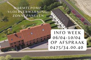 Een landelijke nieuwbouwwoning met zichten op de heuvels en gelegen in een klein aangelegd parkje. <br /><br />Een aanrader als u op zoek bent naar een volledige instapklare woning dat onmiddellijk beschkibaar is, een gezellige groene omgeving, toffe mensen en een kleinschalig kwalitatief nieuwbouwproject van een vertrouwenspartner. Je kent het zeker...zo een familie bedrijf dat al jaren actief is en dat je onmiddellijk een goed gevoel geeft. <br /><br />Een veilige omgeving: hier kom je sowieso tot rust met de prachtige zichten, de bloemperken, de bomen, het beekje, de bankjes, de schaapjes, het nieuw aangelegd wandel en fietspad waardoor je op amper 5min in het centrum staat.  Een fantastische en knusse locatie waar het rustig en goed wonen is met in totaal 7 woningen en 8 appartementen. <br /><br />Kom dan zeker eens een bezoek brengen aan onze model woning. Volledig instapklaar, alles inbegrepen in de prijs zodat u snel en comfortabel kan verhuizen. Helemaal klaar voor de toekomst met vloerverwarming en een lucht-water warmtepomp. E-peil 20 waardoor u kortingen krijgt op het betalen van uw onroerende voorheffing in de eerste 5 komende jaar. <br /><br />Het terras en de tuin, daar kan u dan ook onmiddellijk uw tuinmeubels zetten en volop genieten. De privatieve carport en de extra berging zijn tevens inclusief in de prijs. <br /><br />Er zijn verschillende prijzen (aangeduid exclusief registratie en btw) en verschillende bewoonbare oppervlaktes tussen 102 en 133 m². Alle informatie, plannen en prijzen zijn op ons kantoor beschikbaar. <br />Wij helpen u graag verder in uw zoektocht naar een nieuwe thuis. Bel ons vandaag nog 0475/34.00.40 en vraag naar Fabienne. <br /> 