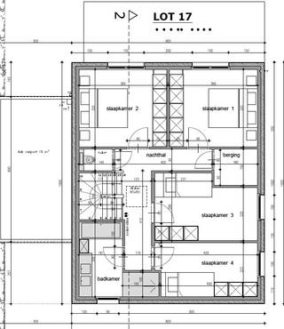 Benedenverdieping : <br /><br />- inkom- sas met toilet + trap naar de verdieping- Berging- Eethoek met geïntegreerde keuken en toegang tot het terras<br />Verdieping<br /><br />- Badkamer- 4 slaapkamers- apart toilet- berging<br />De afwerking gebeurt volgens ons lastenboek LT (= lage temperatuur). Dit verschilt van ons standaard lastenboek door de aanwezigheid van vloerverwarming zowel op gelijkvloers als op de verdieping waardoor geen radiatoren meer voorzien worden.