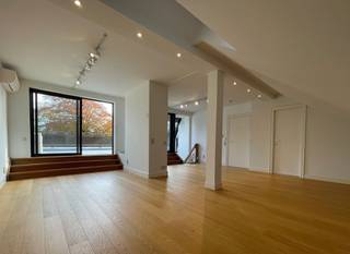 Prachtig duplex appartement van ca. 162 m² met twee terrassen van resp. 10 m² (zuid-oost) en 55 m² (zuid). Het appartement maakt deel uit van een goed beheerde residentie temidden van een parkdomein van 5783 m². De hal geeft uit op een ruime woonkamer op parket met kamerbrede raampartij en terras met zicht op de parktuin en het eerste terras van 10 m². Naastgelegen klassieke witte keuken met alle vernieuwde toestellen en berging/wasplaats. Verder hal met gastentoilet, en handenwasser, twee slaapkamers op parket en badkamer met ligbad, douche, toilet en dubbel lavabomeubel. In de woonkamer is een toegangsdeur met trap naar de bovengelegen verdieping (momenteel voorzien van traplift). Deze bestaat uit één lichte open ruimte (vergelijkbaar met een studio) met eveneens aparte ingang naar de traphal, en een aparte badkamer met douche, lavabomeubel, toilet en aansluiting voor wasmachine. Bovendien zijn op deze verdieping extra aansluitingen voor tweede keuken, of bad. Deze ruimte heeft ook vloerverwarming doch tevens een een airco/inverter die ook als verwarming kan gebruikt worden (warme/koude lucht). Aansluitend via kamerbrede raampartij bereikbaar een zuidgericht dakterras van ca. 55 m² waar u de hele dag zon heeft. De residentie is ideaal gelegen in een zeer rustige eenrichtingsstraat nabij de oude dorpskern van Schilde (aan de kerk). Ook is er nog een gemeenschappelijke fietsenberging. Alle ruimten zijn op eiken parket behoudens inkomhal, keuken, berging, badkamers en toilet die een tegelvloer hebben. In het aanbod is één ruime staanplaats en ondergrondse berging inbegrepen. In goede staat van onderhoud en instapklaar of naar smaak te moderniseren. Vg, gvkr, gvv, gdv, wg. Epc 259 kWh/m² oftewel label C (makkelijk te verlagen door het vernieuwen van de schuifpuien). Maandelijkse kost gemene delen ca. 300 euro (hierin zit begrepen het onderhoud van het gemeenschappelijke parkdomein dat toegankelijk is voor iedereen).