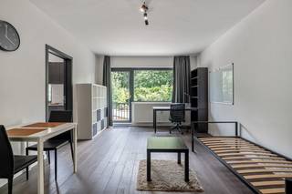 Deze leuke studio onderging in 2014 een totaalrenovatie met kwalitatieve materialen en een luxueuze afwerking. De studio is gelegen aan de rustige achterzijde van het gebouw. Het zuidgerichte terras met open zicht op groen is een absolute meerwaarde.<br /><br />De studio is momenteel niet verhuurd en aldus meteen beschikbaar voor het nieuwe academiejaar.<br /><br />U komt binnen in een open en lichtrijke leefruimte dewelke plaats biedt voor een salon, een eetplaats, een bureau en een dubbel bed.  De aparte en hoogwaardige keuken met een stenen werkblad is volledig uitgerust. De badkamer is een pareltje met een prachtige inloopdouche en dito wasmeubel.  Het terras sluit aan bij de leefruimte, is goed georiënteerd en biedt zicht op groen. Alle kranen(keuken/badkamer) werden recent vernieuwd!<br /><br />In de ondergrond beschikt de studio over een ruime bergruimte met elektriciteit en achter het gebouw is de overdekte autostaanplaats nummer 4 inbegrepen in de prijs. Hier is ook een gemeenschappelijke fietsenberging voorzien. <br /><br />Verlichting en gordijnen inbegrepen. Totaalconcept!<br /><br />EPC 185kWh(B-label)! Elektriciteit conform! Asbestveilig!<br /><br />Indien u deze leuke studio graag bezoekt dan kan u mij steeds bereiken via arnaut@immojanstas.be of op 0495/292080.<br /><br />Bijkomende info (EPC, bodemattest, elektriciteitsattest, enz...) kan U hier downloaden ↓