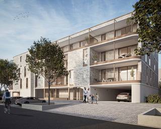 Nieuwbouwappartement op 2de verdieping in blok E van project Mienas aan het kerkplein in As. Dit appartement is als volgt ingedeeld: inkomhal, toilet, berging/technische ruimte, woonkamer opgedeeld in zithoek en eethoek met open keuken, via schuifraam toegang tot terras, 2 slaapkamers, badkamer. Via 1 slaapkamer kan je ook naar het terras. In de ondergrondse parkeergarage kan autostaanplaats en kelderberging aangekocht worden. De koper kan afwerking van vloer, keuken, badkamer en binnendeuren nog mee kiezen volgens budgetten die hiervoor voorzien zijn bij een leverancier aangeduid door de projectontwikkelaar.