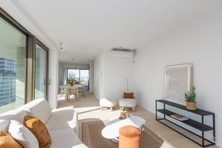 New construction project TROON 17 Ostend brings an architecturally innovative project to the seafront with a nod to the site's rich history.This apartment has 2 bedrooms, 2 bathrooms, beautiful terraces and side sea views. Apartment type layout:- entrance hall- living room with open kitchen- storage- bathroom 1 with walk-in shower and washbasin furniture- bathroom 2 with walk-in shower and washbasin furniture- separate toilet- bedroom 1- bedroom 2- surrounding terrace Finishing apartments with side sea view:- parquet- kitchen with Miele appliances- floor heating- heating via heat network (= renewable energy)- ventilation system DIn the basement, it is possible to purchase garages or parking spaces. A spacious bicycle shed is also provided.*Plans and details of prices available at the office, contact us on 059 50 60 50 for an appointment.