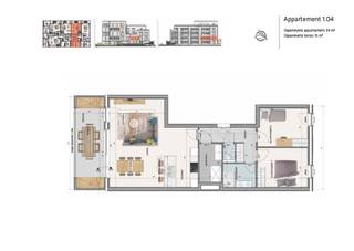 Nieuw woonproject Residentie Ter Durmen gelegen op de hoek van de Buntstraat en de Vrouwenstraat te Wondelgem. Deze BEN-appartementen worden gebouwd met zicht op de gemeenschappelijke tuin en bestaande boomgaard. Het gebouw beschikt over een lift tot in de kelderverdieping. Dit ruime twee slpks-appartement is met nr. 1.04 (94m²) gelegen op de eerste verdieping heeft een grote leefruimte met een open ingerichte eilandkeuken en ruim overdekt leefterras (16m²) met twee praktische buitenbergingen. Er zijn 2 slpks, apart toilet, nis voor vestiaire, berging, badkamer met inloopdouche en badmeubel met dubbele wastafel met spiegel met verlichting. Uiterst energiezuinig (E20!) app. dankzij pakket zonnepanelen (energiedelen) , warmtepomp met vloerverwarming, regenwaterrecuperatie en ventilatiesysteem D. Elk appartement wordt volledig afgewerkt aangeboden waarbij je zelf nog je eigen afwerking kan kiezen tot en met de laminaat in de slpks. Ondergronds wordt er voor elk appartement een autostaanplaats en berging voorzien, welke mee dienen aangekocht te worden. In de kelder is er een grote fietsenstalling en bovengronds is er zelfs een staanplaats voor bakfietsen voorzien. Heb je vragen? Contacteer dan je bouwadviseur via 0800 62 732 of mail naar info@durabrik.be. Download de brochure via https://durabrik.immo/buntstraat Beelden en oppervlaktes zijn indicatief. Prijs excl. aankoopkosten en btw.